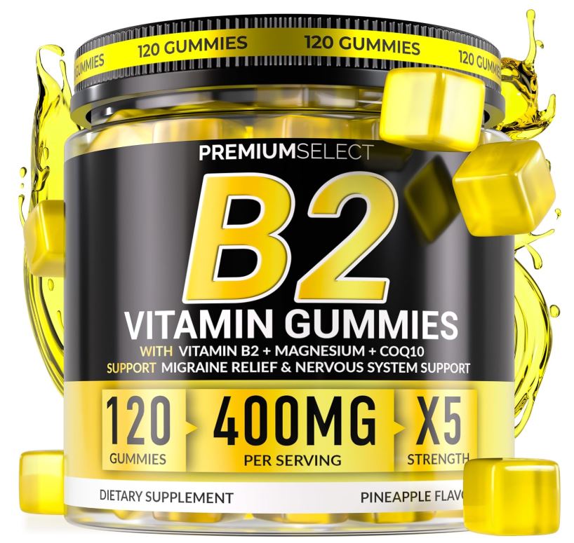 Vitamin B2 Gummies Riboflavin 400mg - 120 Gummies with Magnesium, CoQ10 & Vitamin B2 for Adults & Kids - Sugar Free Migraine Relief & Headache Relief Supplement - B2 Vitamin 400mg