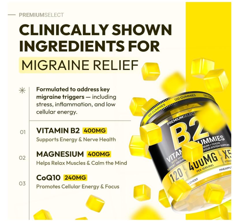 Vitamin B2 Gummies Riboflavin 400mg - 120 Gummies with Magnesium, CoQ10 & Vitamin B2 for Adults & Kids - Sugar Free Migraine Relief & Headache Relief Supplement - B2 Vitamin 400mg