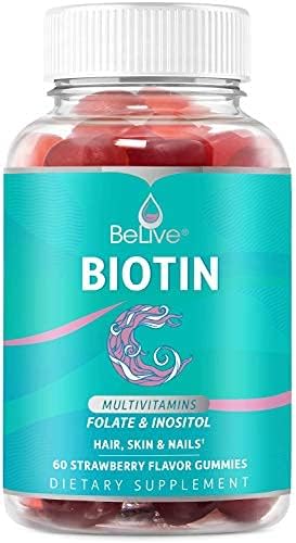 BeLive Biotin Gummies - Skin, Nails & Hair Vitamins with A, C, D, E, B12, Zinc, Folate & Inositol, Biotin Supplement for Anti-Aging, Energy & Collagen Boost, Multivitamin Gummies - Strawberry | 3-Pack