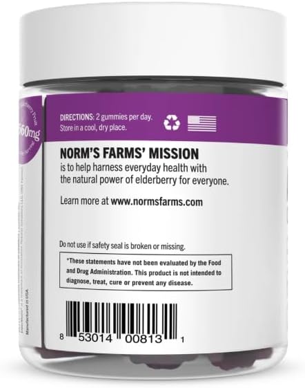 Norm's Farms Daily Immune Elderberry Gummies - Vitamin C, Zinc & Probiotics - Vegan, Gluten Free, Kosher, Non-GMO - 60 Gummies