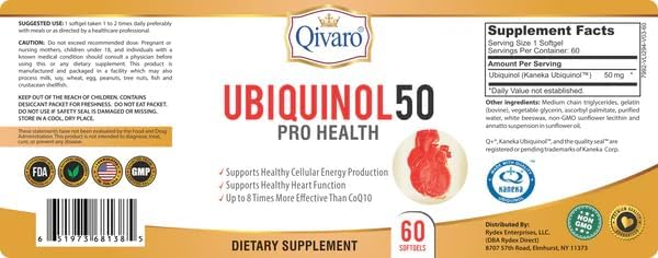 QIH23: Ubiquinol 50 Pro Health COQ10 (60 Capsules) - Ubiquinol Supplement with Active Form of Coenzyme Q10 - Powerful Antioxidant for Cellular Energy Production, Overall Health & Wellness