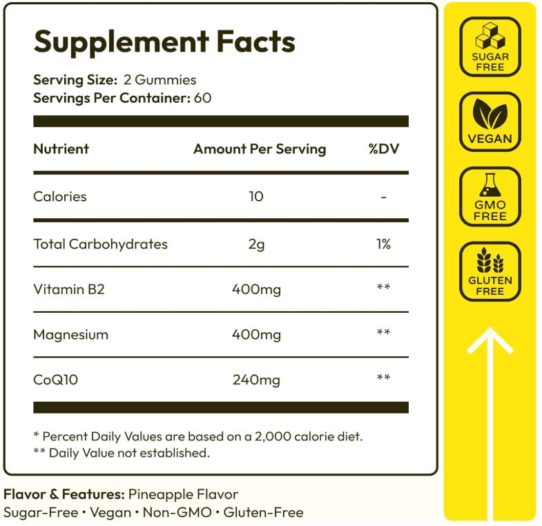 Vitamin B2 Gummies Riboflavin 400mg - 120 Gummies with Magnesium, CoQ10 & Vitamin B2 for Adults & Kids - Sugar Free Migraine Relief & Headache Relief Supplement - B2 Vitamin 400mg