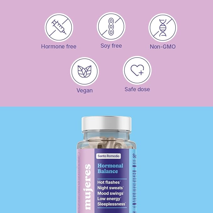 Santo Remedio Hormonal Balance, Dietary Supplement, Relief for Menopause Symptoms, Helps Reduce Hot Flashes, Night Sweats, and Mood Swings, Clinically Proven Ingredients, Hormone-Free, 30 Servings