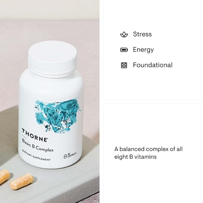 THORNE Basic B-Complex - Tissue-Ready Vitamin B Complex Supplement with Choline - Supports Cellular Energy Production, Brain Health & Red Blood Cell Formation* - Gluten-Free, Dairy-Free - 60 Capsules
