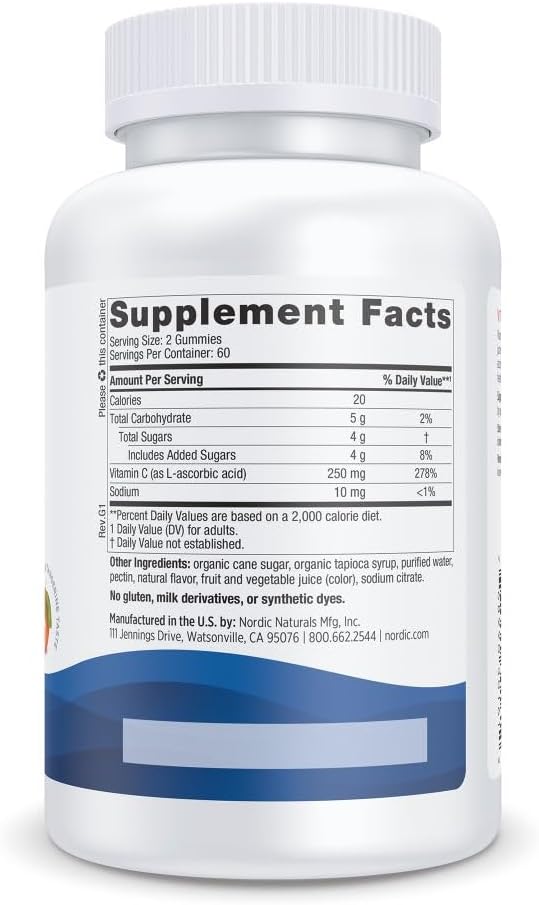 Nordic Naturals Vitamin C Gummies, Tart Tangerine - 120 Gummies - 250 mg Vitamin C - Immune Support, Antioxidant Protection, Child Growth & Development - Non-GMO, Vegan - 60 Servings