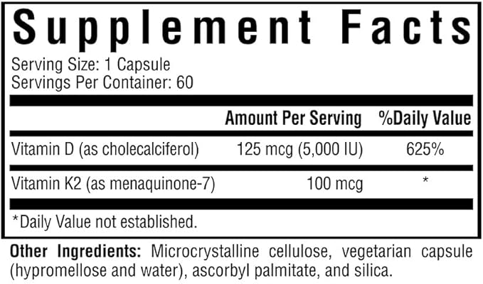 Vitamin D3 + K2 | 5000 IU of D3 (as cholecalciferol) for Optimal Calcium Absorption | 100 mcg of K2 (as menaquinone-7) for Circulatory Health | Supports Bone & Immune Health | 60 Vegetarian Capsules