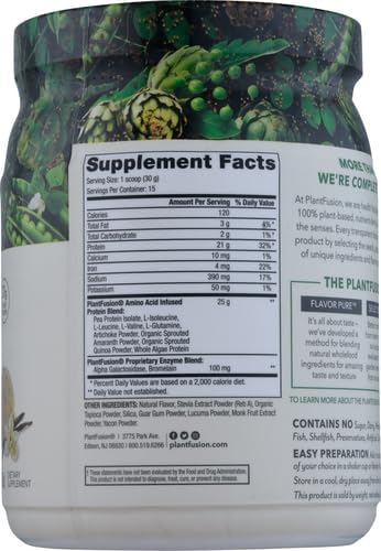 PlantFusion Complete Vegan Protein Powder - Plant Based Protein Powder With BCAAs, Digestive Enzymes and Pea Protein - Keto, Gluten Free, Soy Free, Non-Dairy, No Sugar, Non-GMO - Vanilla Bean 1 lb