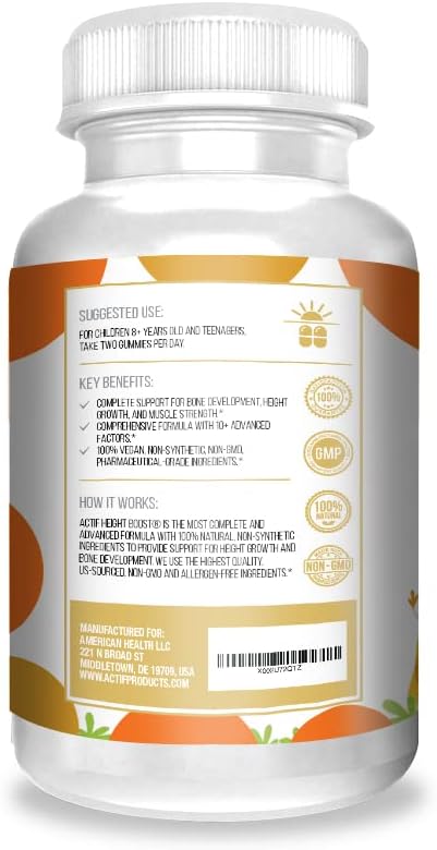 Actif Height Boost Mega Support for Height Growth with 10+ Factors, Height Supplement for Kids and Teens, 60 Gummies, Strawberry Flavor, Get Tall Fast Formula