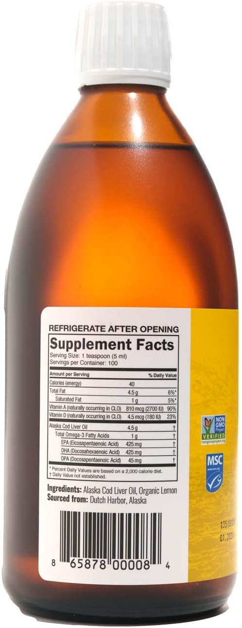 On Target Living Alaskan Cod Liver Oil Liquid | Organic Lemon Flavor 16.67 oz | Line Caught in The USA | Naturally Occurring Vitamin D | Rich in Omega 3 DHA/EPA | Non-GMO Project Certified