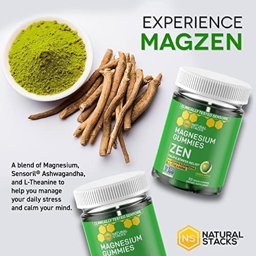 Zen Magnesium Gummies - 200mg Magnesium Citrate & 125mg Sensoril Ashwagandha Gummies - with L Theanine for Calm & Stress Support - Mag Citrate and Ashwagandha Supplement - 30 Green Apple Chewables