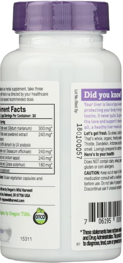 Oregon's Wild Harvest Milk Thistle Dandelion - Extract Standardized to 80% Silymarins (90 Capsules)