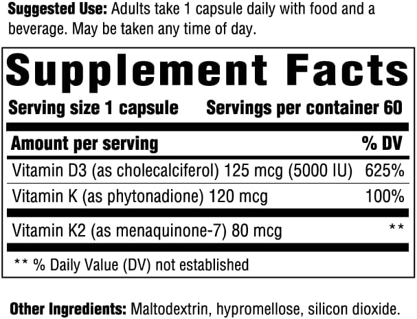 INNATE Response Formulas Vitamin D3 5000 IU (125 mcg) - Supplement That Supports Immune and Bone Health - Blend of Vitamins D3, K1, and K2 - Vegetarian - 60 Capsules (60 Servings)