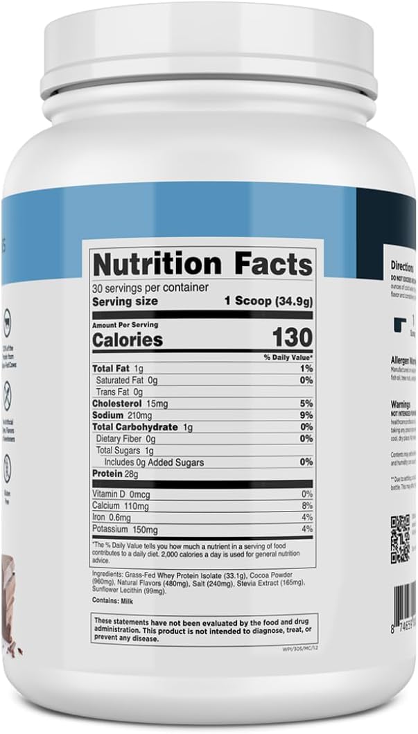Transparent Labs Grass-Fed Whey Protein Isolate - Natural Flavor, Gluten Free Whey Protein Powder w/ 28g of Protein per Serving & 9 Essential Amino Acids - 30 Servings, Milk Chocolate