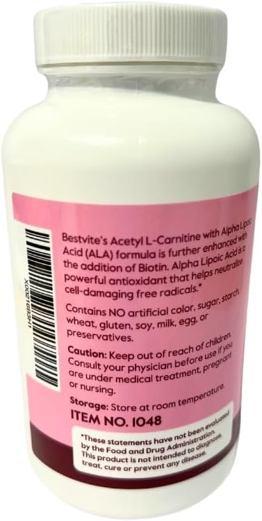 BESTVITE Acetyl L-Carnitine 500mg & Alpha Lipoic Acid 200mg per Capsule with Biotin (240 Vegetarian Capsules) (120 x 2) - No Stearates - Vegan - Non GMO - Gluten Free