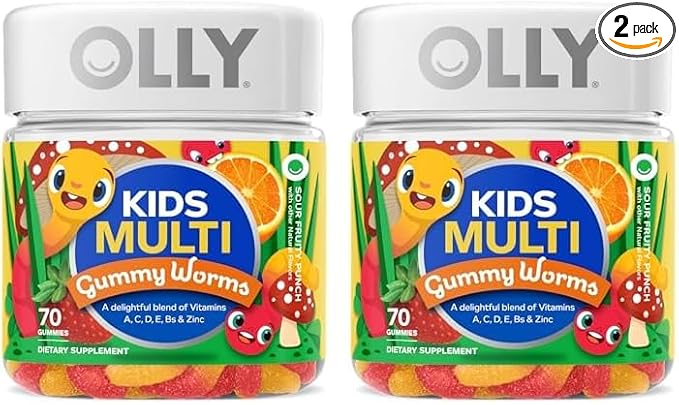 OLLY Kids Multivitamin Gummy Worms, Overall Health and Immune Support, Vitamins and Minerals A, C, D, E, Bs and Zinc, Chewable Supplement, Sour Fruit Punch, 45 Day Supply (70 Count) (Pack of 2)