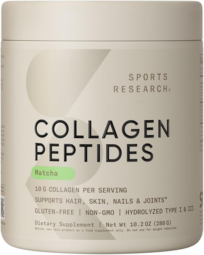 Sports Research Premium Collagen Peptides Powder and Organic Matcha Green Tea - Collagen Powder Protein Supplement with Japanese Matcha and Amino Acids - Gluten Free, Non-GMO, Sugar Free