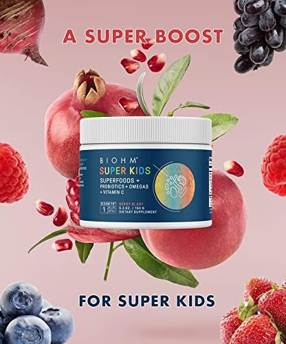 BIOHM Super Kids Superfood Powder Plus Probiotics, (5.3 Oz, 30 Servings) Delicious Berry Blast, Antioxidants, Omega 3 & Vitamin C, Non-GMO, Dairy Free, No Artificial Ingredients, Vegetarian, Ages 4+