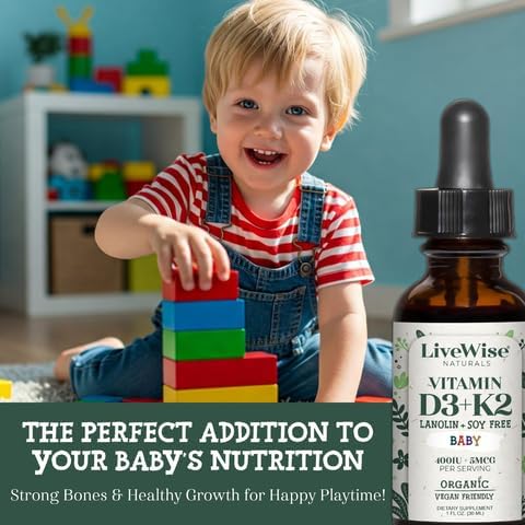 LiveWise Naturals – Baby D3-K2 Liquid Drops, Promotes Brain Development, Bone Health, and Overall Wellness for Kids and Toddlers, Glass Bottles and Droppers, D3 Sourced from Pine Trees