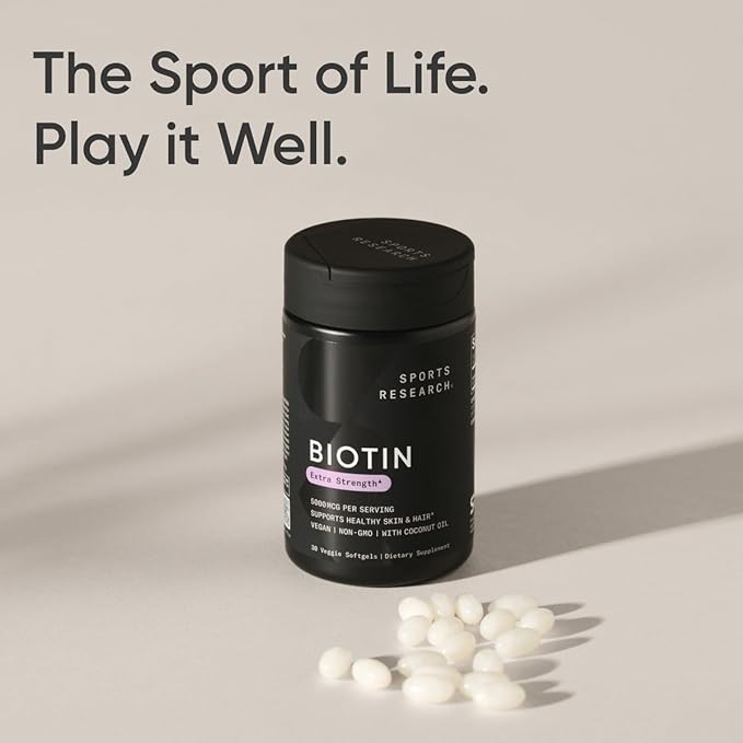 Sports Research Vegan Biotin 5000mcg with Organic Coconut Oil | Extra Strength Biotin Vitamin B7 Supplement for Hair & Skin Support | Non-GMO Verified, Soy Free, Gluten Free - 30 Softgels