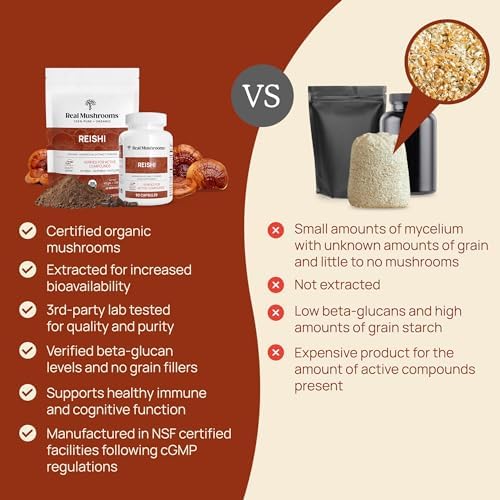 Real Mushrooms Reishi Powder - Organic Mushroom Extract Supplement with Potent Red for Longevity, Mood, Sleep, Immune Support Vegan Supplement, Non-GMO, 100 Servings