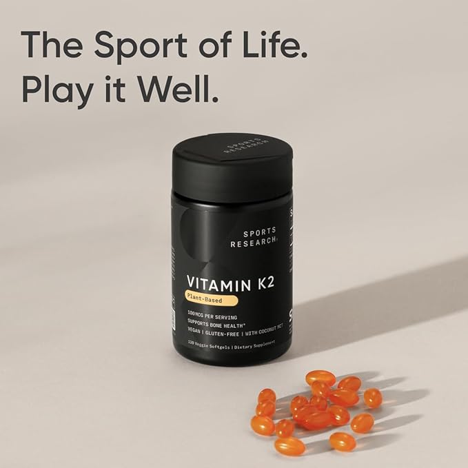 Sports Research Vitamin K2 as MK-7 100mcg with Coconut MCT Oil - 120 Veggie Softgels (4 Month Supply) Vegan Certified, Non-GMO Verified, Gluten & Soy Free - Citrus Aroma