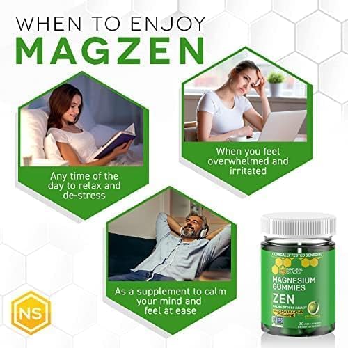 Zen Magnesium Gummies - 200mg Magnesium Citrate & 125mg Sensoril Ashwagandha Gummies - with L Theanine for Calm & Stress Support - Mag Citrate and Ashwagandha Supplement - 30 Green Apple Chewables