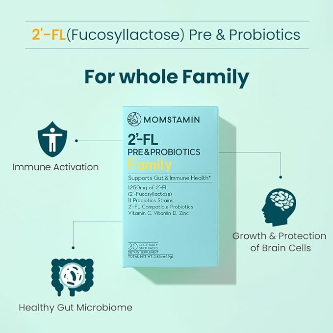 MOMSTAMIN 2'-FL HMO Prebiotics Probiotics Powder, Patented 11 Strains, Healthy Gut Microbiome, Immune Digestive Supplement, IBS Relief, 30 Sticks