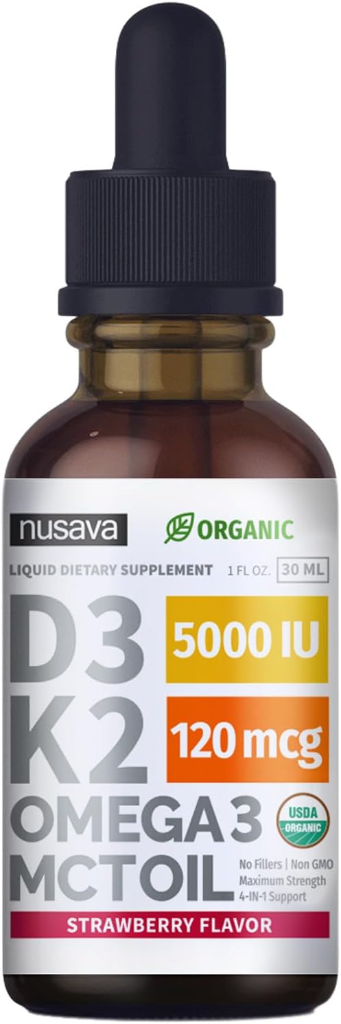 (4 Pack) Organic Vitamin D3 K2 Drops with MCT Oil Omega 3, 5000 IU - Maximum Strength Vitamin D Liquid, No Fillers, Non-GMO Liquid D3 for Faster Absorption and Immune Support (Strawberry, 4 Fl Oz)