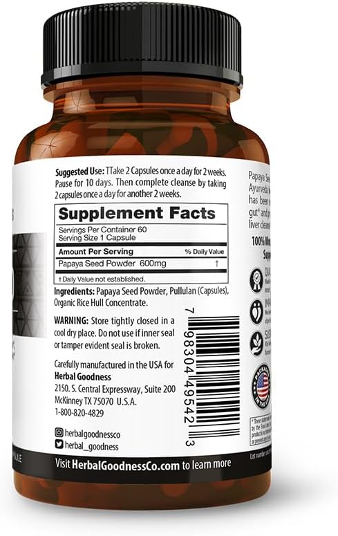 Herbal Goodness Papaya Seeds Capsules 60ct - Provides Health Support for Your Gut and Digestive System- 100% Natural Detox Cleanse for Humans - Body Detox and Colon Broom Formula - 12 Bottles
