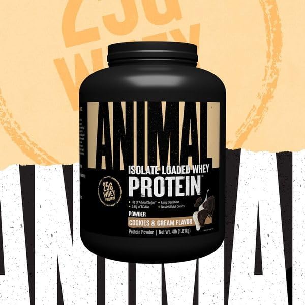 Animal Whey Isolate Protein Powder - Loaded for Pre & Post Workout Muscle Builder and Recovery with Digestive Enzymes for Men & Women - 25g Protein, Great Taste, Low Sugar - Cookies & Cream 4 lbs