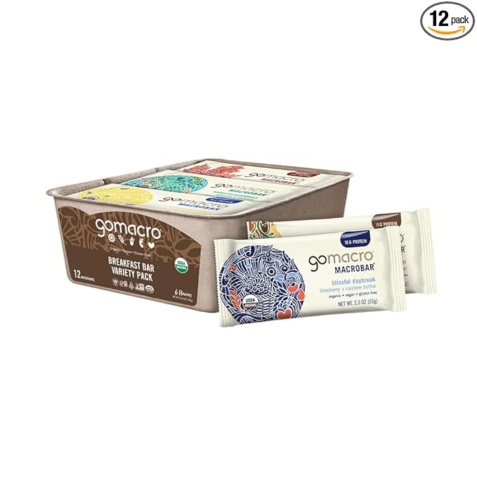 GoMacro MacroBar Organic Vegan Protein Bars - Breakfast Variety Pack (2.0-2.3 Ounce Bars, 12 Count)