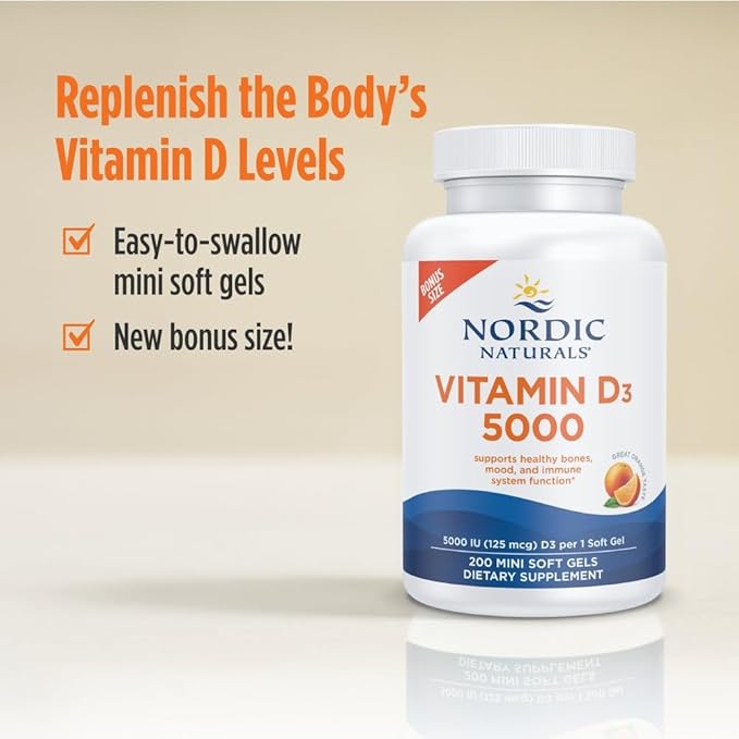 Nordic Naturals Vitamin D3 5000, Orange - 200 Mini Soft Gels - Support for Healthy Bones, Mood, & Immune System - Vegetarian - Non-GMO - 200 Servings
