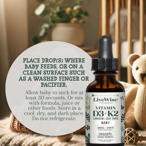 LiveWise Naturals – Baby D3-K2 Liquid Drops, Promotes Brain Development, Bone Health, and Overall Wellness for Kids and Toddlers, Glass Bottles and Droppers, D3 Sourced from Pine Trees