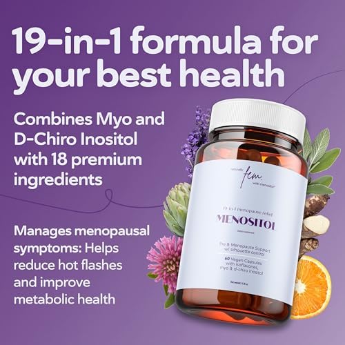 Inositol FEM Menositol 19-in-1 60Caps, Perimenopause & Menopause Supplements for Women Weight Loss with Myo-Inositol, D-chiro and Isoflavones, Control Metabolic Health, 100% Natural, Hormone, SoyFree