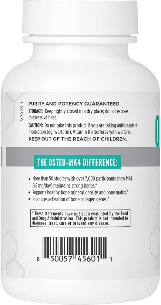 Osteo-MK4 Bone Support | Vitamin D & K Complex | 45mg Vitamin K2 (MK4) for Strong Bone Health & Function | 60ct Veggie Capsules