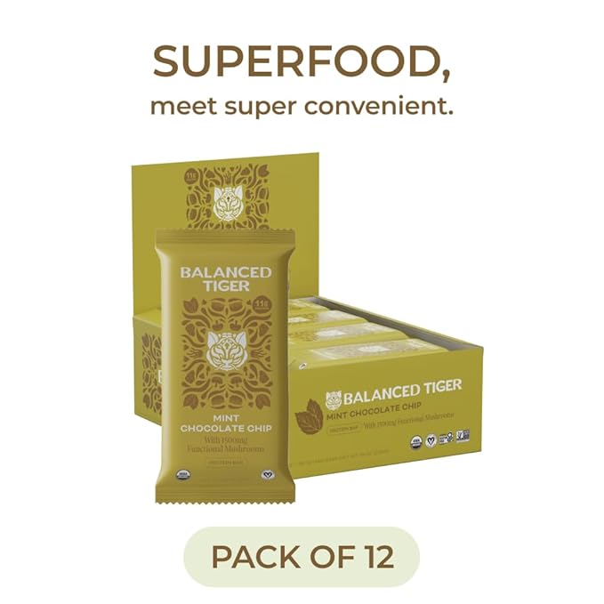 Organic Functional Mushroom Protein Bars | Full Dose (1500mg) Lions Mane, Chaga, Reishi & Cordyceps Bars | Vegan Protein Bars, Adaptogens, Superfoods Protein Bars | Mint Chocolate Chip Flavor