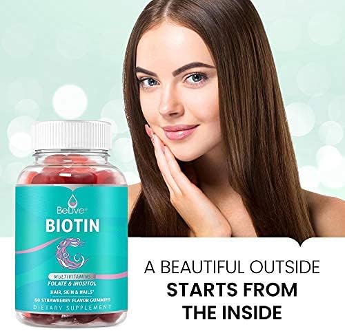 BeLive Biotin Gummies - Skin, Nails & Hair Vitamins with A, C, D, E, B12, Zinc, Folate & Inositol, Biotin Supplement for Anti-Aging, Energy & Collagen Boost, Multivitamin Gummies - Strawberry | 3-Pack