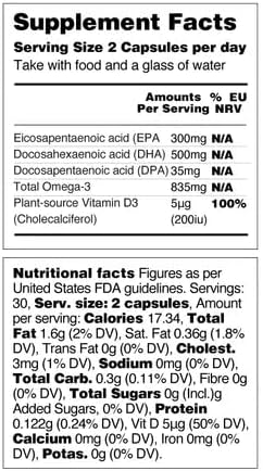 Vegan Omega 3 Supplement – Omega-3, EPA, DHA Supplements & Vitamin D3 – Algae Omega 3 Vegan Supplements for Brain, Eye & Heart Health – Omega 3 for Kids & Adults (180 Capsules)