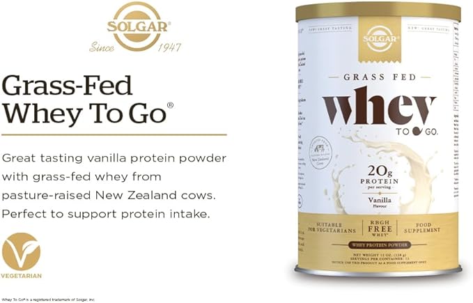 Solgar Grass Fed Whey to Go Protein Powder Vanilla, 11.9 oz - 20g of Grass-Fed Protein from New Zealand cows - Great Tasting & Mixes Easily - Supports Strength & Recovery -, 13 servings