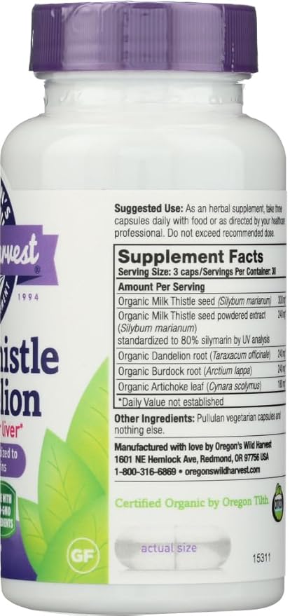 Oregon's Wild Harvest Milk Thistle Dandelion - Extract Standardized to 80% Silymarins (90 Capsules)