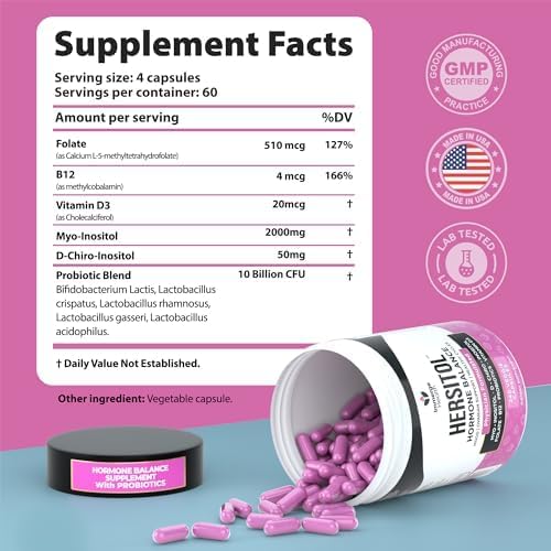 Hormone Balance for Women, PCOS, Ovarian Support, Fertility, Menstrual Cycle | Myo-Inositol & D-Chiro Inositol Supplement 40:1 Ratio With Folic Acid, B12 & Probiotics | Female Vitamins 240 Capsules