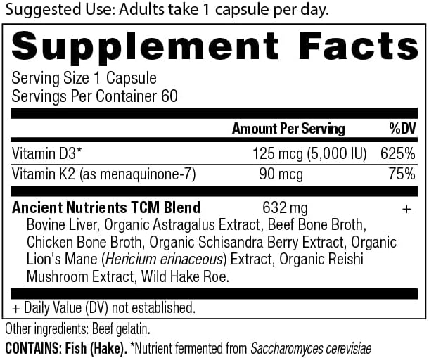 Vitamin D Supplement by Ancient Nutrition, 5,000 IU Vitamin D for Immune Support, Made from Bone Broth and Mushroom Extract, Supports Healthy Inflammation, Paleo and Keto Friendly, 60 Capsules