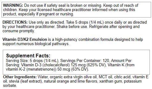Nutra Biogenesis Vitamin D3/K2 Emulsion - Liquid Vitamin D Drops with MCT Oil, D3 K2 Supplement for Adults and Kids, Sublingual Oil Dropper for Women and Men - 1 Fl Oz Bottle (30 ml)