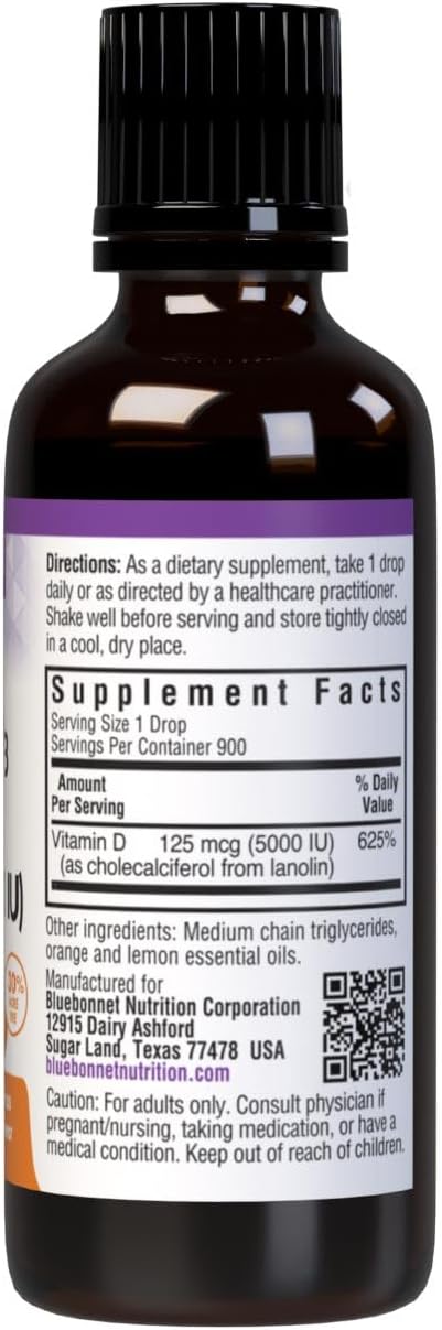 Bluebonnet Nutrition Liquid Vitamin D3 Drops 5000 IU, Aids in Muscle and Skeletal Growth, D3, Non GMO, Gluten Free, Soy Free, Dairy Free, Kosher, Citrus Flavor (743715003781), 1 Fl Oz (Pack of 1)