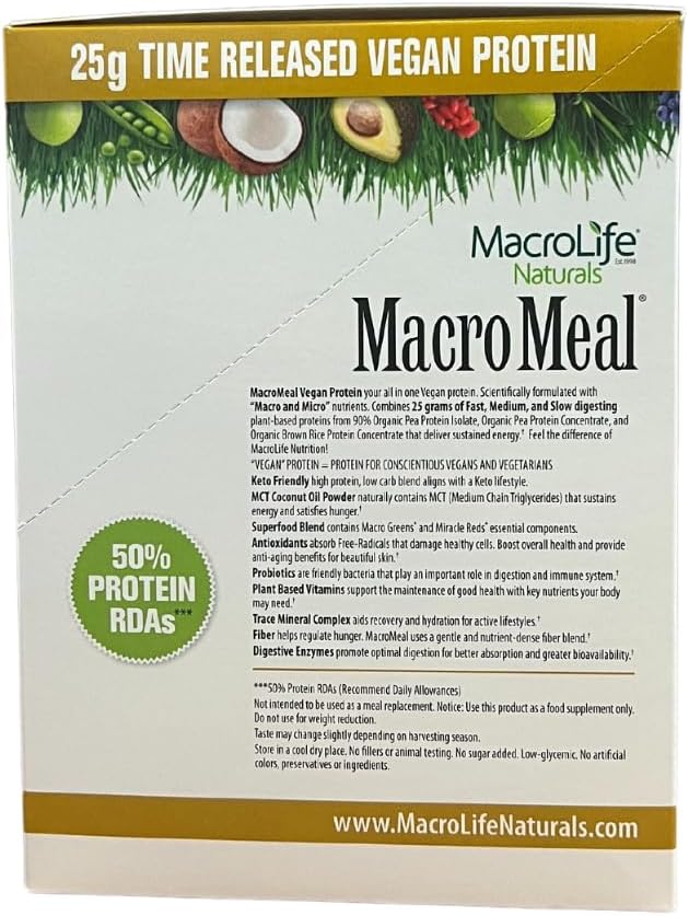 MacroLife Naturals MacroMeal Vegan Chocolate Superfood Supplement Powder Protein + Greens, Probiotics, Digestive Enzymes, Fiber - Energy, Detox, Immune - Non-GMO, Gluten-Free - 10 Packet Servings
