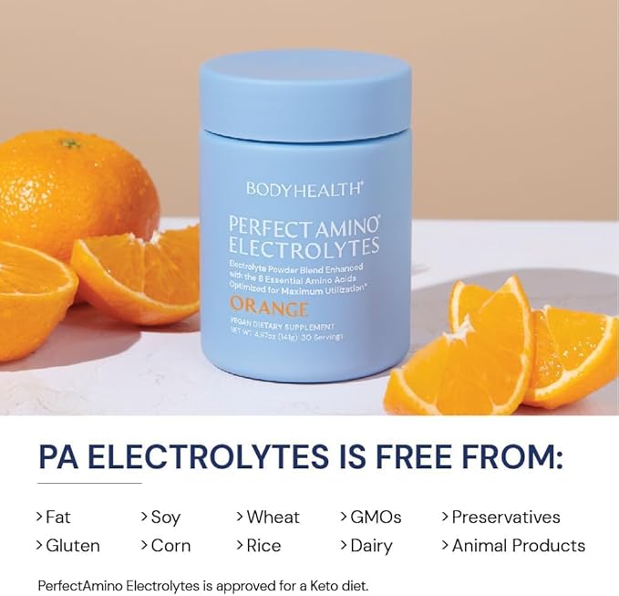 BodyHealth PerfectAmino Electrolytes Powder, Hydration Powder, Sugar Free Keto Electrolyte Drink Mix, Non GMO, Orange Flavor (60 Servings)