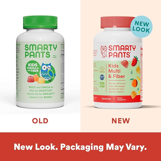 SmartyPants Kids Formula & Fiber Daily Gummy Vitamins: Gluten Free, Multivitamin Omega 3 Fish Oil (Dha/Epa), Fiber, Methyl B12, vitamin D3, Vitamin B6, 90 Count (22 Day Supply) - Packaging May Vary