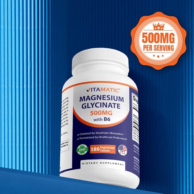 Vitamatic Magnesium Glycinate 500 mg per Tablet – 180 Vegetarian Tablets (Uncoated) with Added Vitamin B6 for Maximum Absorption – Muscle, Joint & Heart Health Support – Non-GMO, Gluten-Free