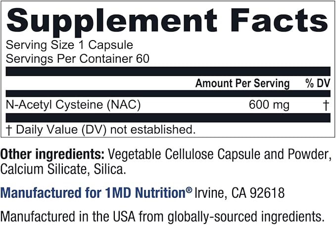 1MD Nutrition NAC Supplement N-Acetyl Cysteine - NAC 600 mg - Antioxidant Supplement Supports Detox and Glutathione Production - N Acetylcysteine Respiratory Supplement for Lung Health - 60 Capsules
