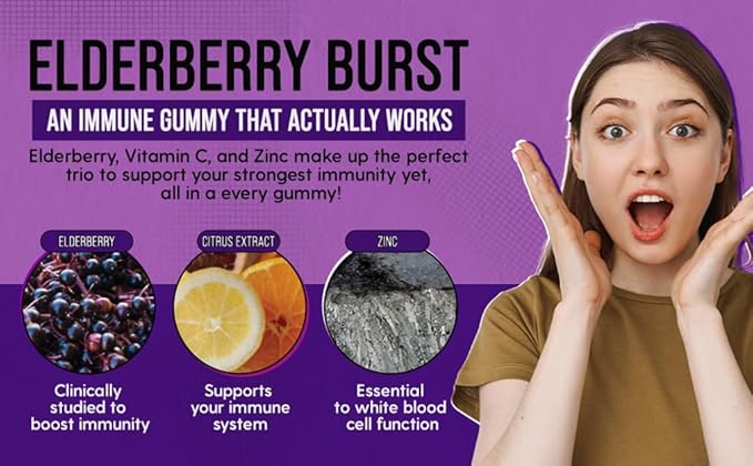 LIVELY VITAMIN CO. Elderberry Burst Gummies for Kids & Adults - Boosts Immune Health - Helps Avoid Colds & Illness - Black Elderberry, Vitamin C & Zinc - 3 Grams of Sugar - No Gelatin - 60 Gummies
